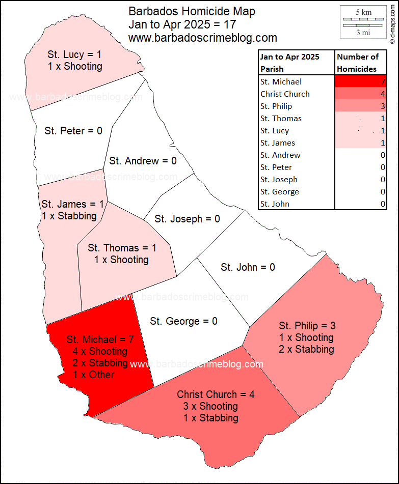 Barbados Homicide Map Jan to Apr 2025