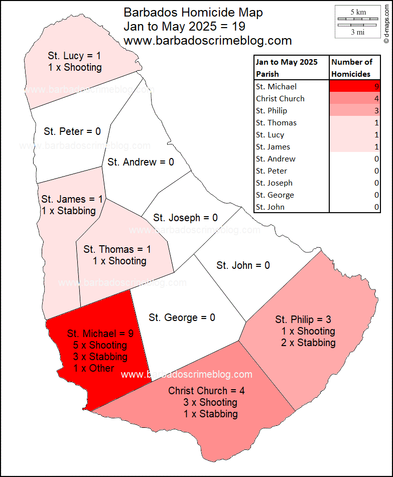 Image 1 – Barbados Homicide Map, January to May 2025