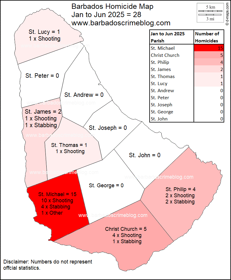 Image 1 – Barbados Homicide Map, January to June 2025