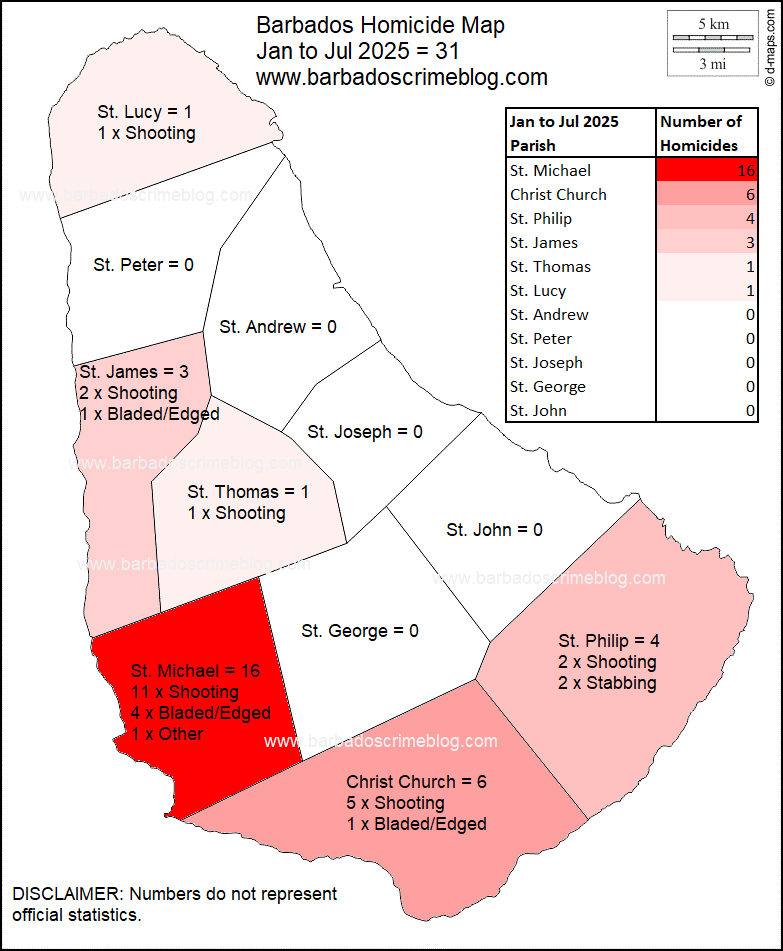 Image 1 – Barbados Homicide Map, January to July 2025