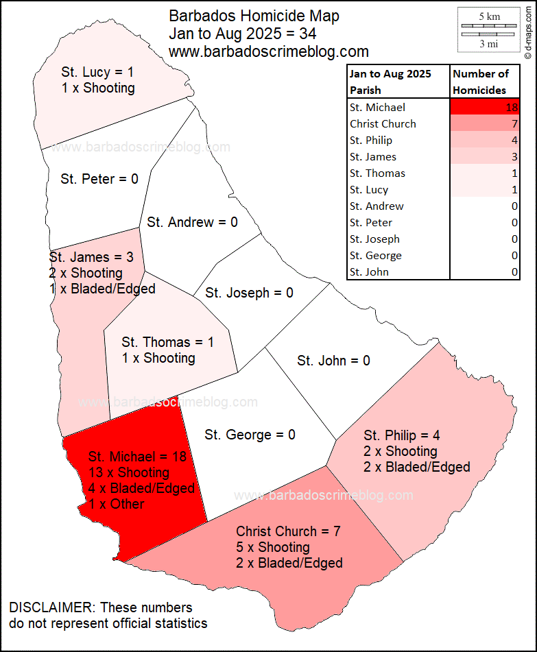 Image 1 – Barbados Homicide Map, January 1 to August 31 2025
