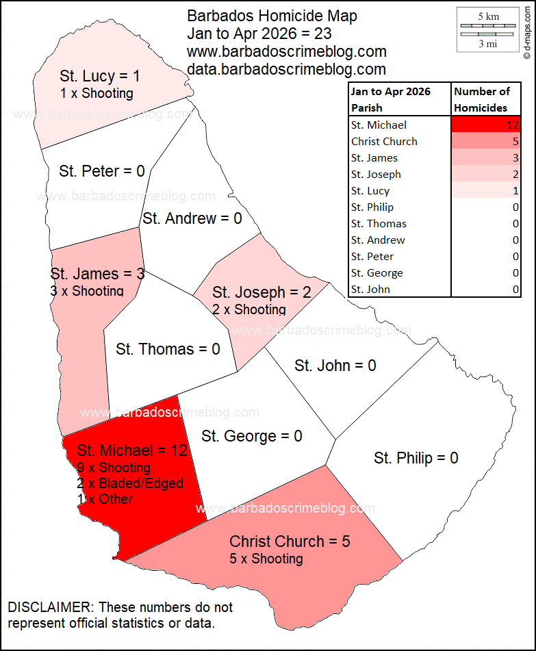 Barhados Murder Map Jan to Apr 2026
